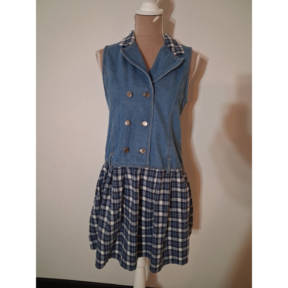 Vtg In Design Denim Plaid Dress Medium Blue Double Breasted Sleeveless 90s *READ